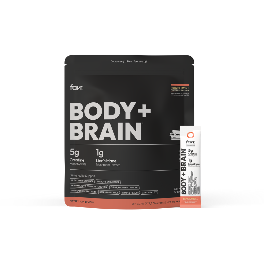 Favr Body + Brain pouch next to a single Peach Twist stick pack